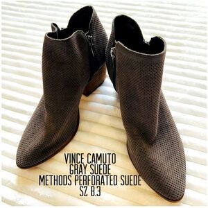 Vince Camuto women gray suede Nethera perforated ankle, boot stack heel, Sz 8.5